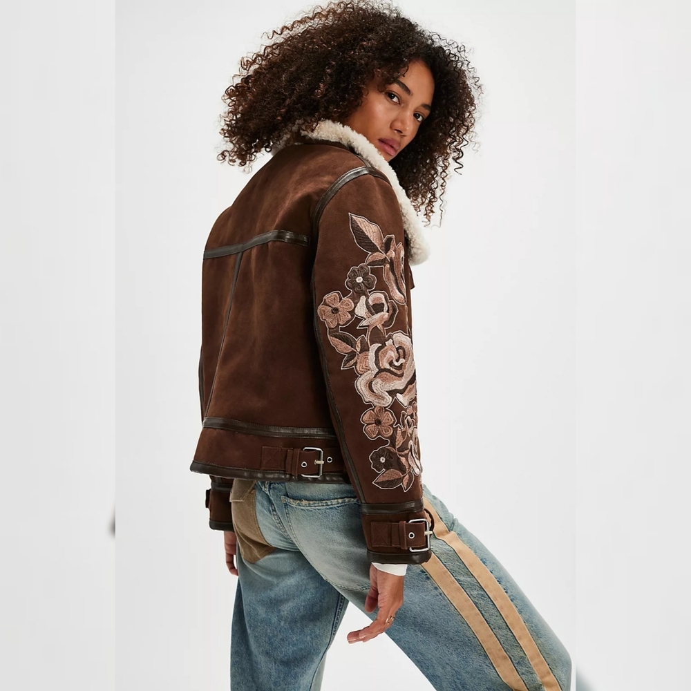 We The Free Andies Vegan Moto‎ Jacket Brown Bear Combo Women's Size Small - Picture 2 of 16
